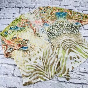 Chicos Fine Knit Cardigan Cream Multi Paisley Leopard Zebra Print Women XL